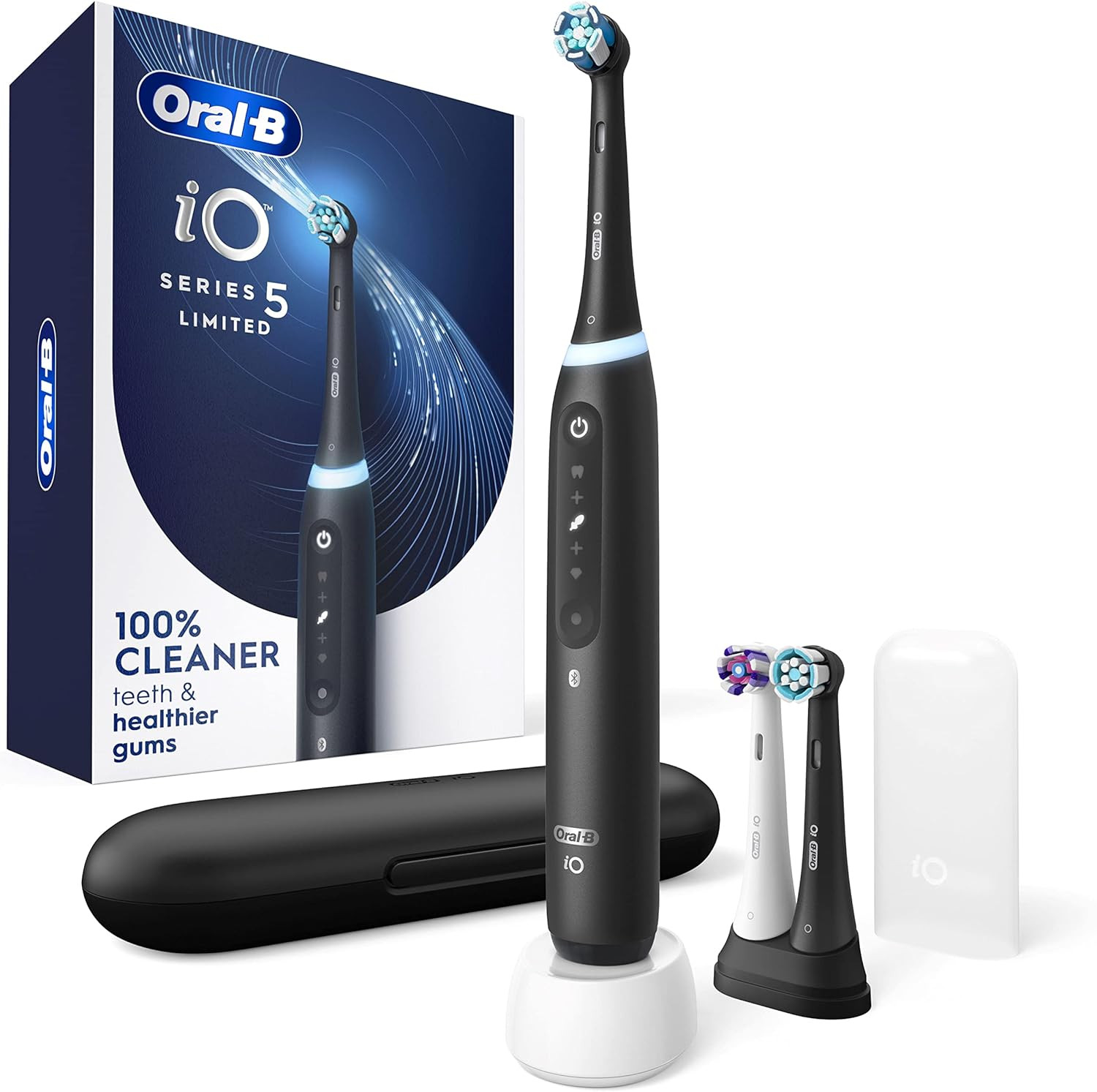 Oral-B iO Series 5 Limited Rechargeable Electric Powered Toothbrush, Black with 3 Brush Heads and Travel Case - Visible Pressure Sensor to Protect Gums - 5 Cleaning Modes - 2 Minute Timer